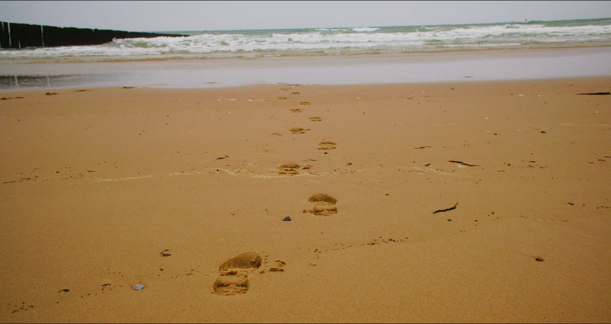 A single set of footprints leads across wet sand toward a grey sea — a still from Nowhere To Go.